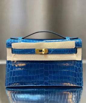 에르메스 켈리 포쉐트 블루 금장 샤이니 악어가죽